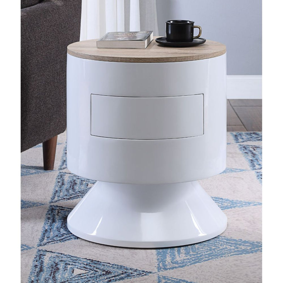 Otith Drum Accent Table - 1 Drawer with High Gloss Base in White