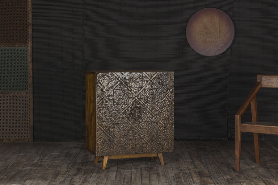 Calvary Mango Wood Console Cabinet - 2 Doors & Geometric Engraving in Gray Stone & Walnut