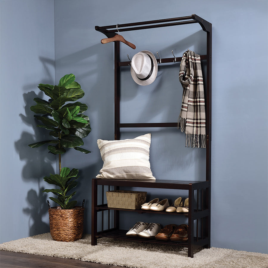 Pieria Hall Tree - 2 Cloth Rods, 5 Hooks & Shoe Shelves in Espresso