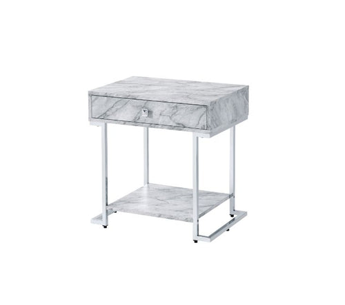 Wither Accent Table - Drawer & Open Shelf on Chrome Sled Base in White Faux Marble