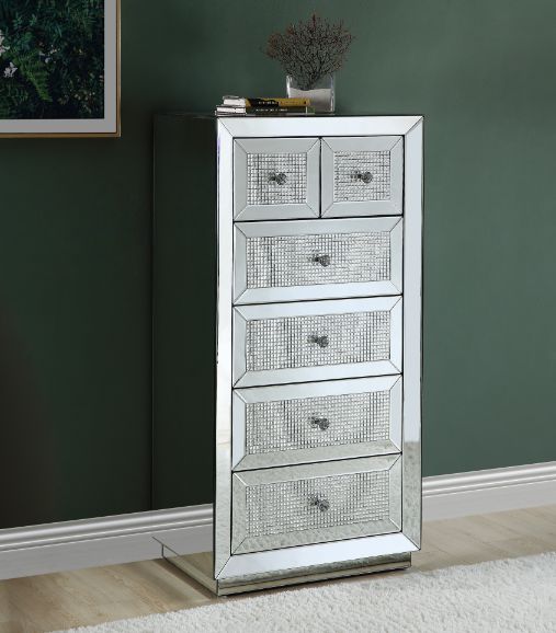 Ornat 6-Drawer Accent Cabinet - Faux Diamond Inlay & Mirrored Glam Finish