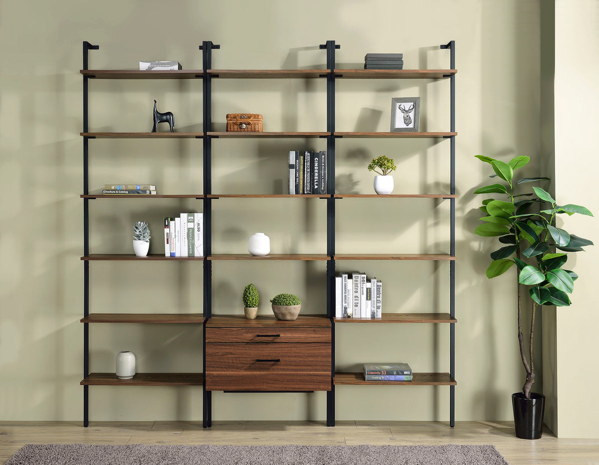 Owens 96" Tall Wall Shelf with Drawers & 3-Piece Bookshelf Wall - 3pcs- Wall Shelf with Drawers + 2 Open Shelf Units