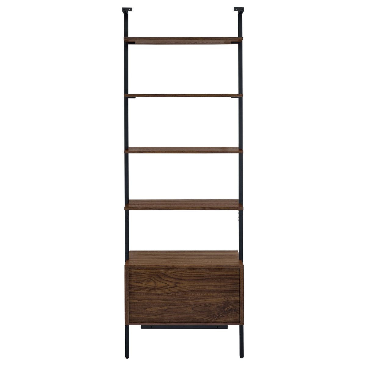 Owens 96" Tall Wall Shelf with Drawers & 3-Piece Bookshelf Wall - Walnut & Sandy Black Metal – view 9