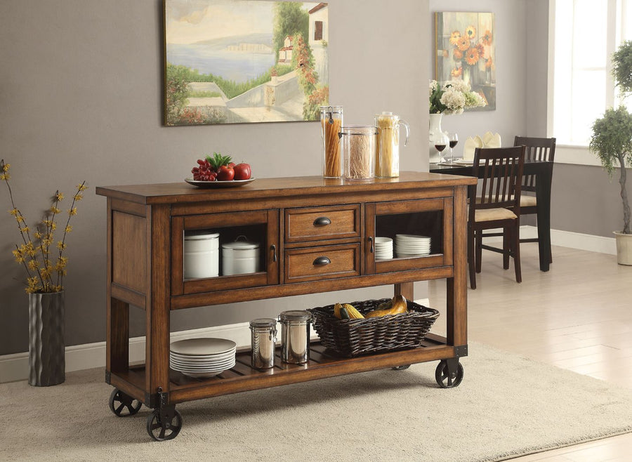 Kadri Kitchen Cart - Glass Doors, 2 Drawers & Slatted Shelf on Casters in Distressed Chestnut
