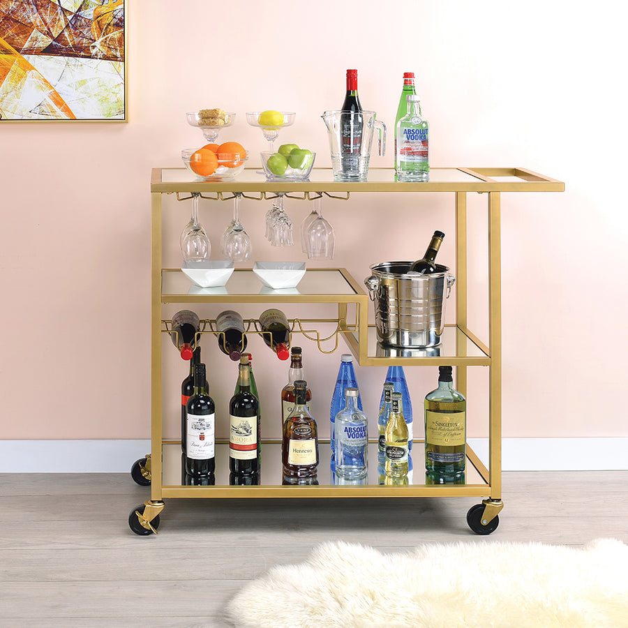 Adamsen Mirrored Serving Cart - Wine & Stemware Rack on Casters in Champagne