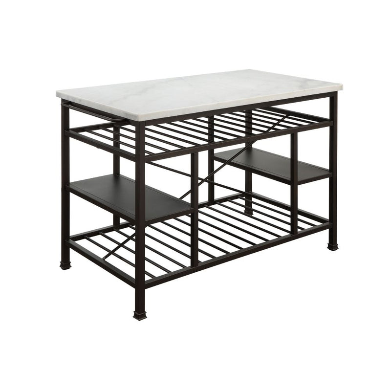 Lanzo Kitchen Island - Natural Marble Top & Gunmetal Metal Frame with Towel Rack