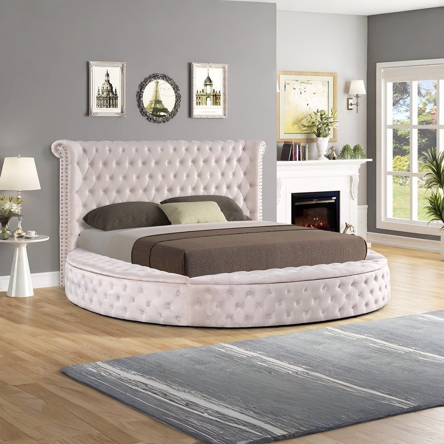 Upholstered Velvet Round Storage Bed - Contemporary Glam Bed Frame in Queen, Eastern King & California King