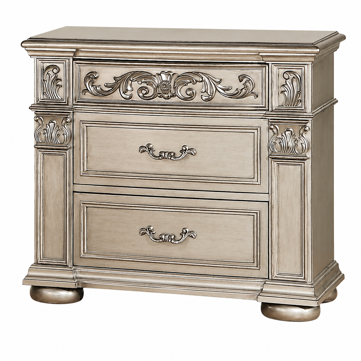 Luxurious Traditional Silver Ornate 5-Piece King Platinum Bedroom Furniture Set