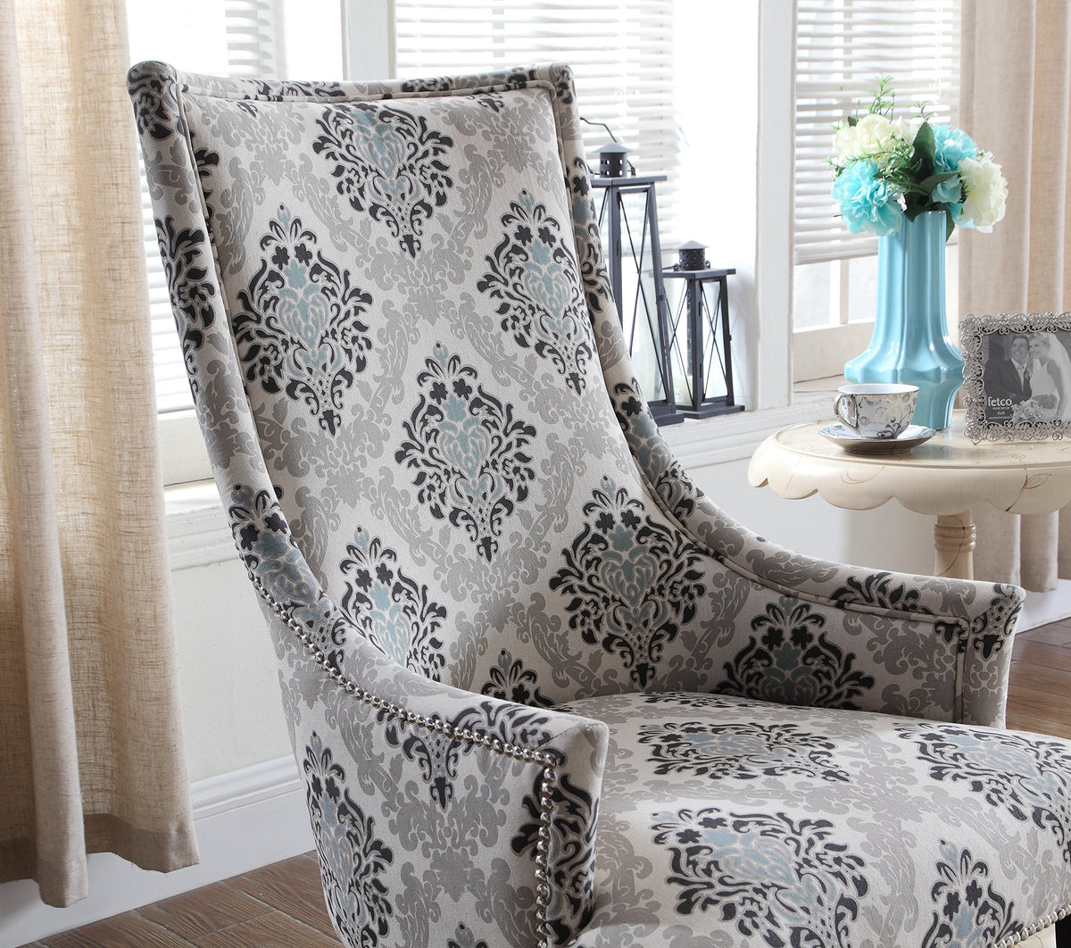 Audrey Gray Damask Fabric Accent Chair - room setting