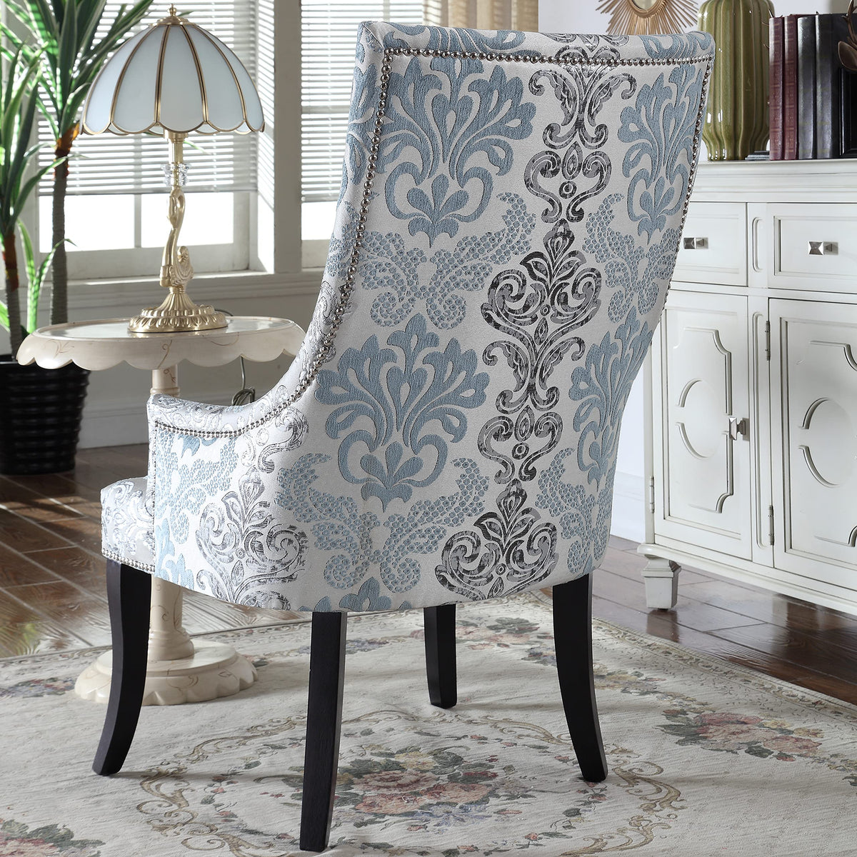 Audrey Damask Fabric Accent Chair in Blue, Grey, White - detail view