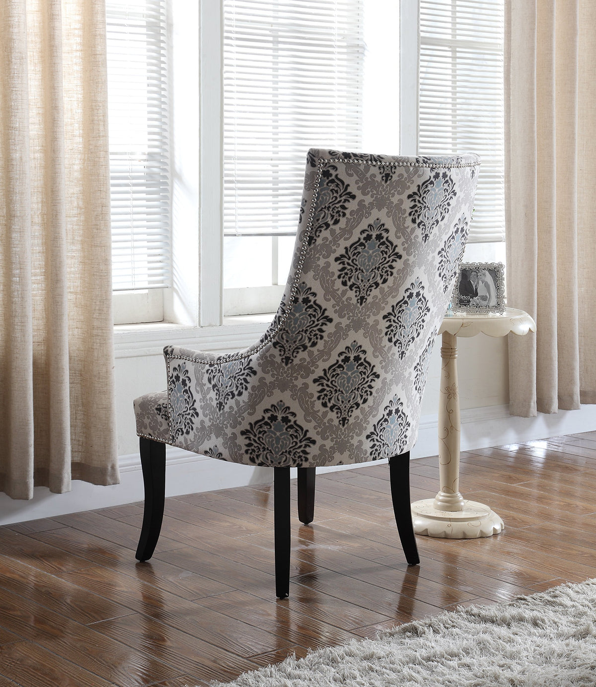Audrey Gray Damask Fabric Accent Chair - angle view