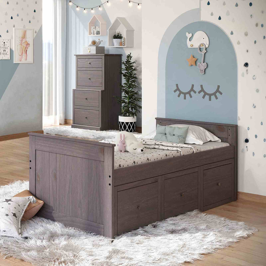 Marinos Rustic Twin Captain Bed with Underbed Drawers - Solid Brazilian Pine in Gray or Mahogany