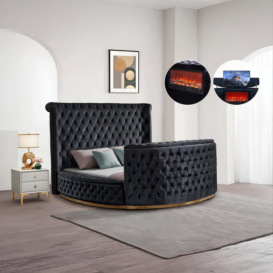 Angel Queen & King Velvet Bed Round Tufted with TV Lift & Fireplace