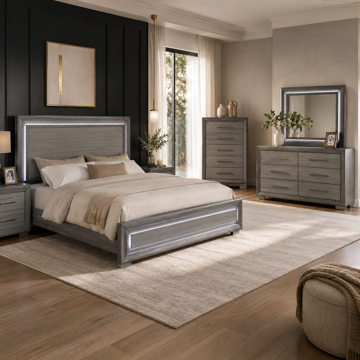 Raiden Queen Bedroom Set with Integrated LED Lighting and USB Charging - Transitional & Brushed Gray Finish
