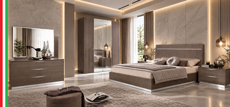 Kroma Modern Italian Bed Collection by Camelgroup - King Bed with Dimmable Lighting in Silver Birch or 48" Beds in Sand Birch | Made in Italy