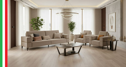 ArredoAmbra Italian Living Room Collection by Arredoclassic - Sofa, Loveseat & Armchair with Walnut & Marble-Look Tables | Made in Italy