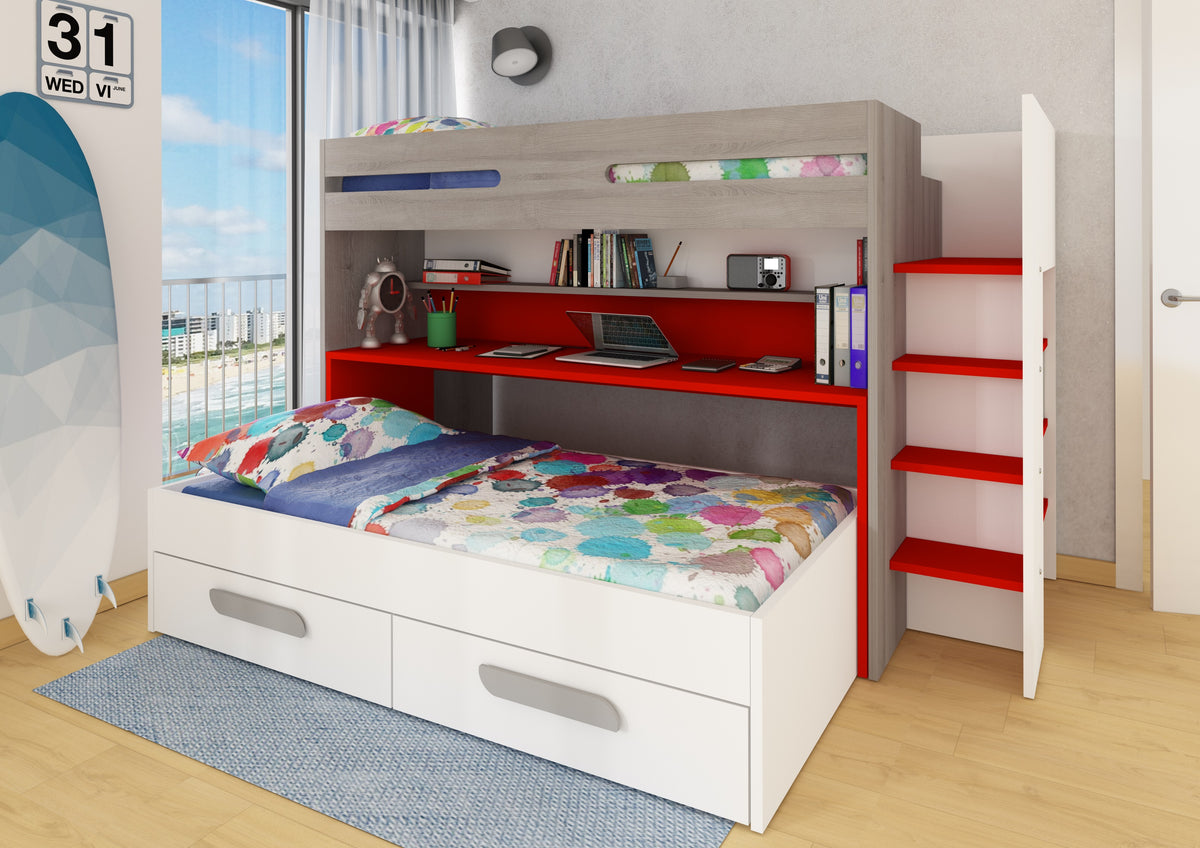BO10 Kids Twin Bunk Bed with Pull-Out Desk & Pull-Out Bed by Trasman