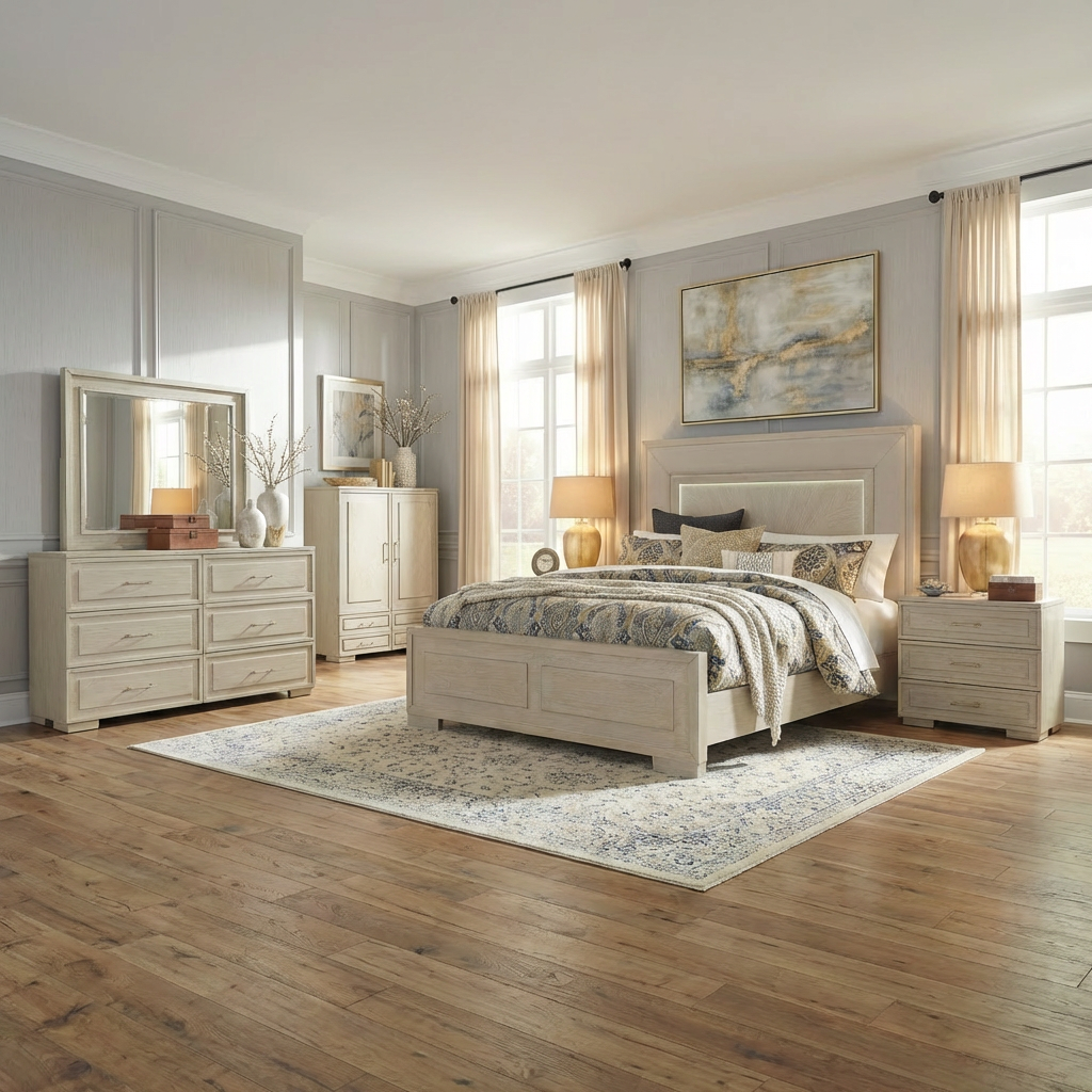 Modern Celine Bedroom Set with LED Lighting in Warm Wood