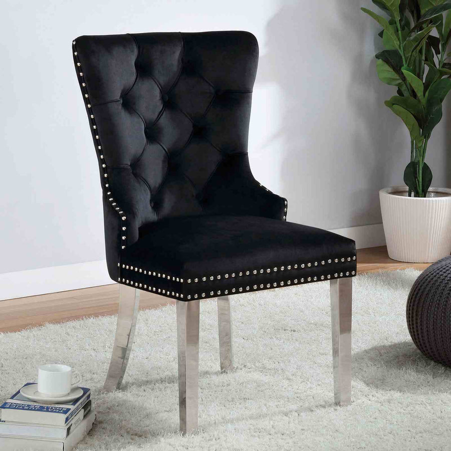 Jewett Wingback Dining Chairs (Set of 2) - Button Tufted Flannelette with Nailhead Trim & Chrome Legs