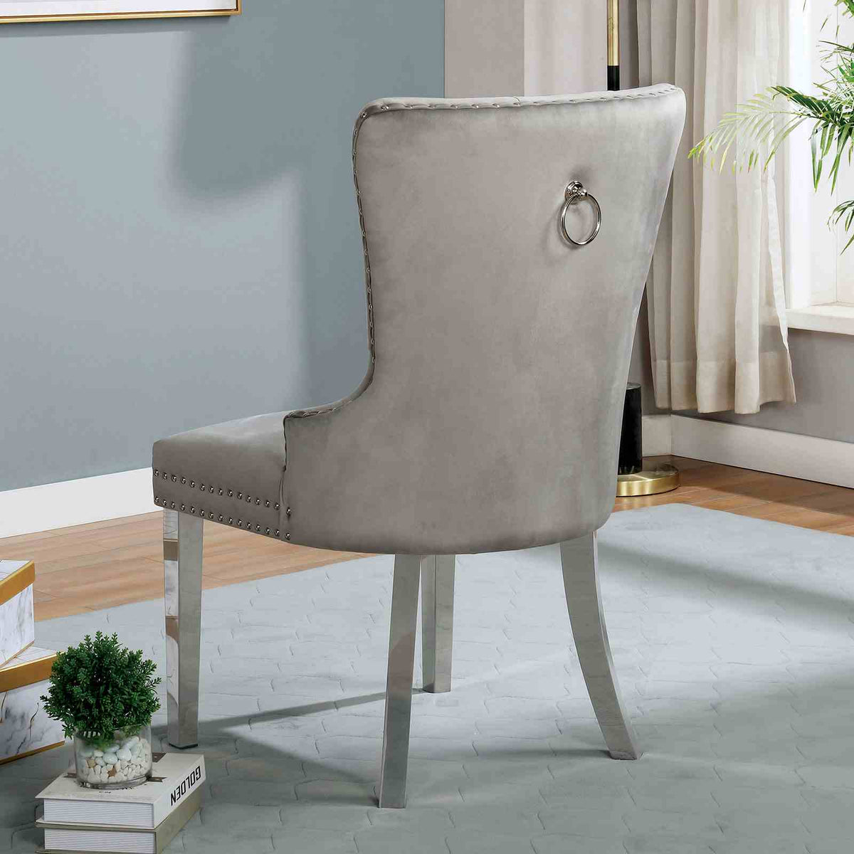 Jewett Wingback Dining Chairs (Set of 2) - Button Tufted Flannelette with Nailhead Trim & Chrome Legs – Black & Gray, view 7