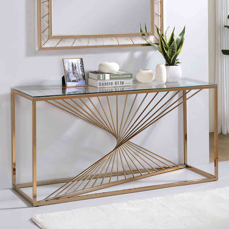 Sherbrooke Contemporary Sofa Table & Wall Mirror - Gold Metal with Tempered Glass
