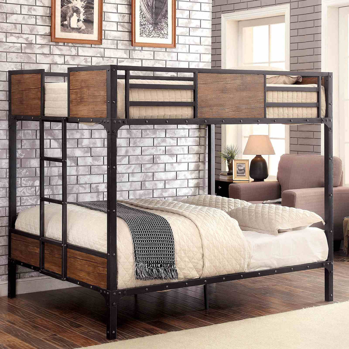 Clapton Industrial Metal & Wood Bunk and Loft Beds - Attached Ladder & Black Finish – Black, view 8