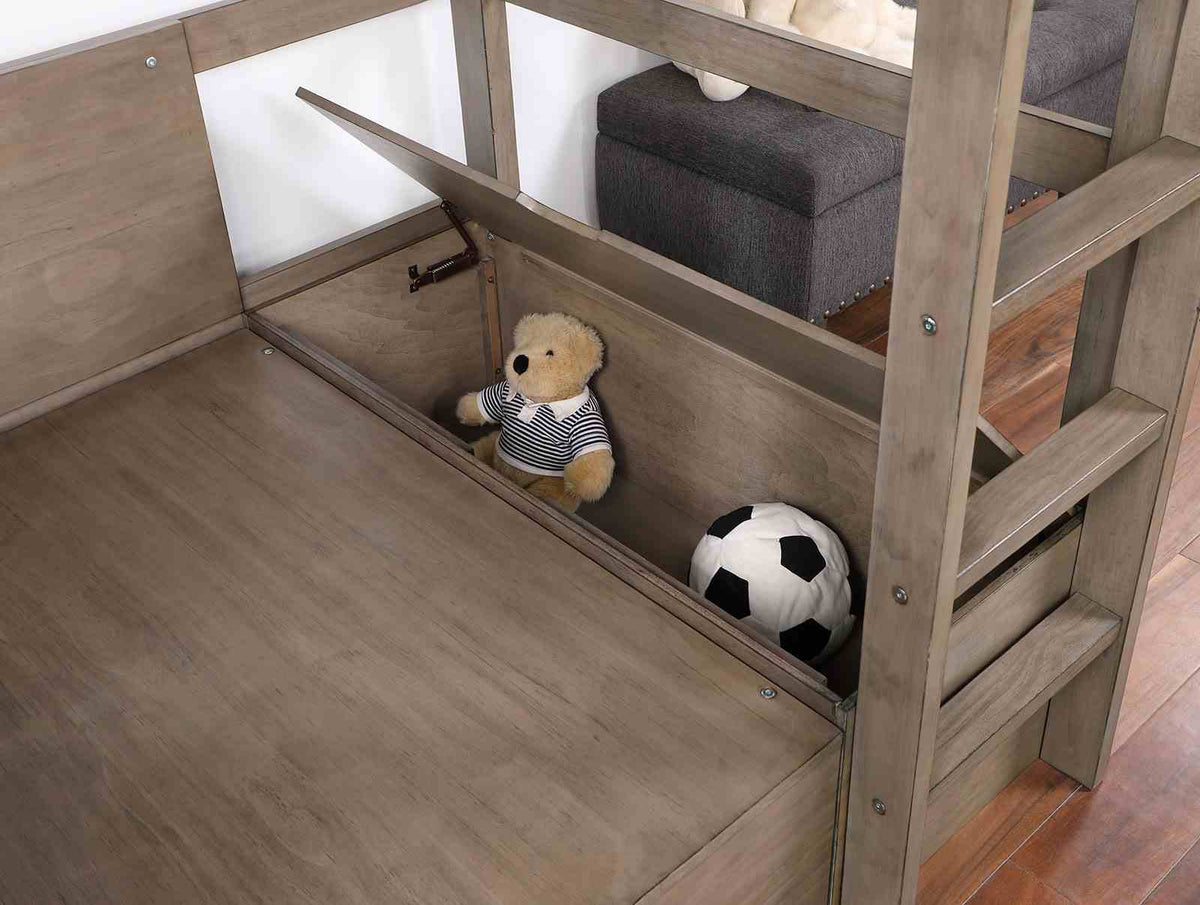 Callistus Twin Workstation Loft Bed with Bookcase, Storage & Seating - Transitional – Gray & White, view 2