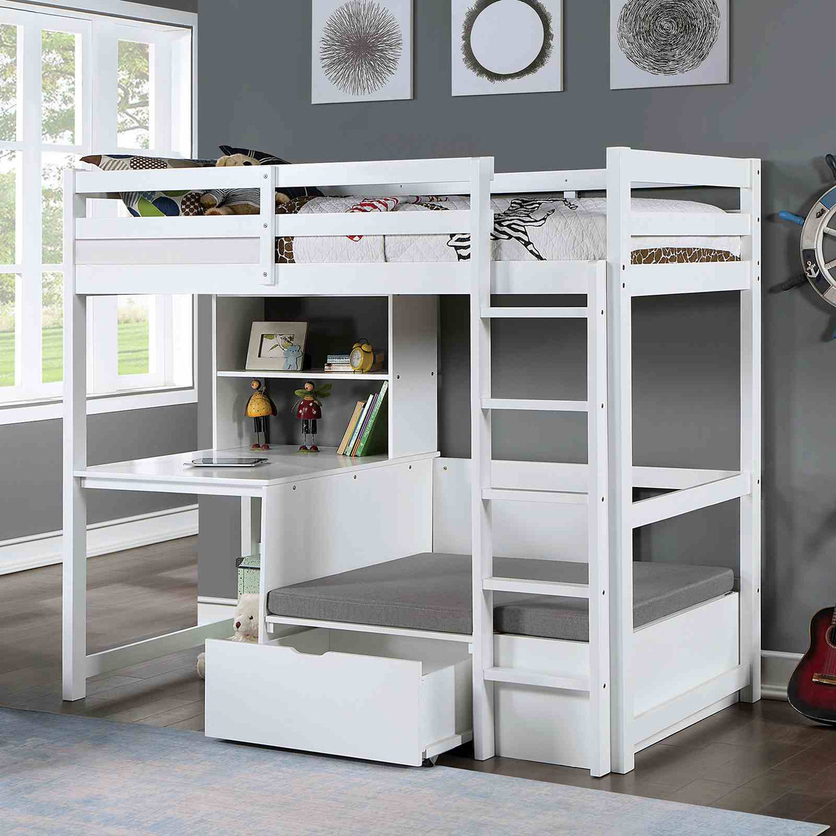 Callistus Twin Workstation Loft Bed with Bookcase, Storage & Seating - White