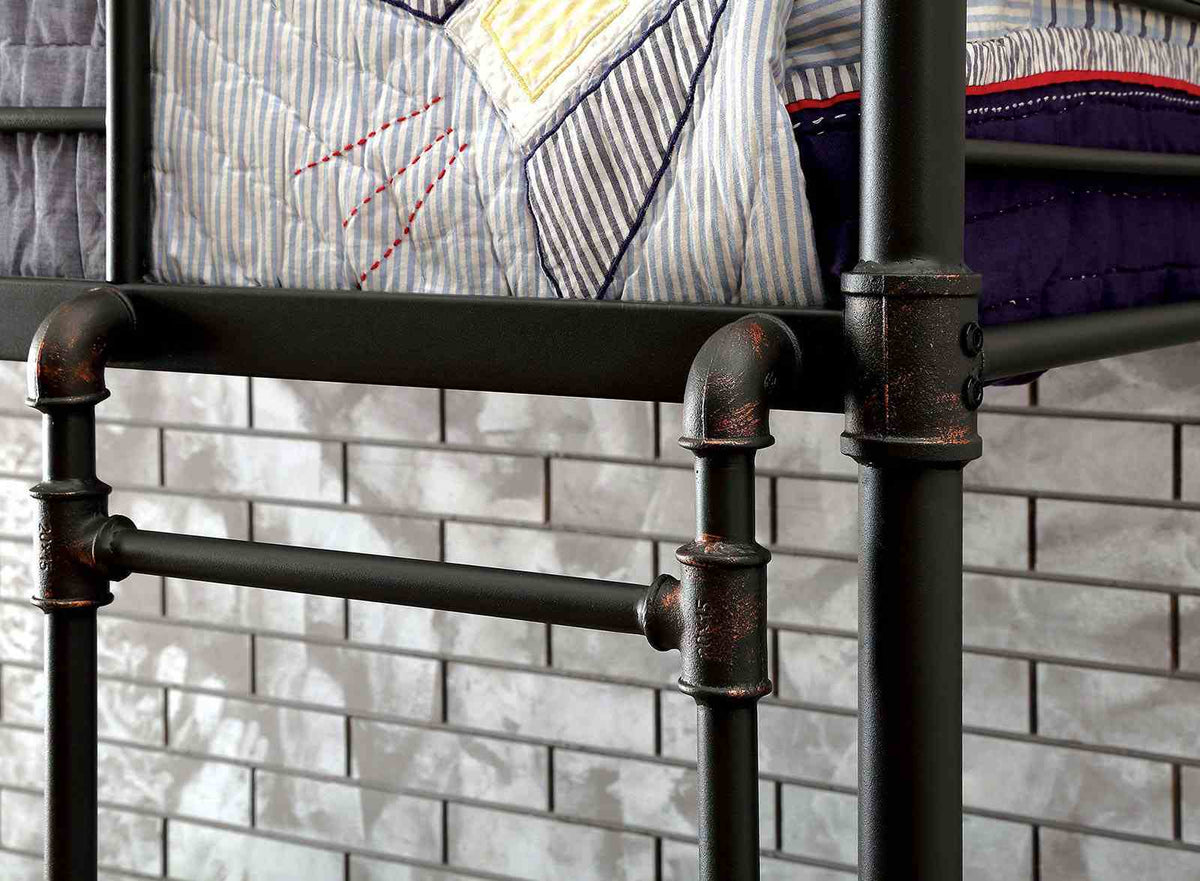 Olga Industrial Metal Twin over Twin Bunk Bed - Pipe-Inspired Frame & Antique Black with Copper Details – Black, view 2