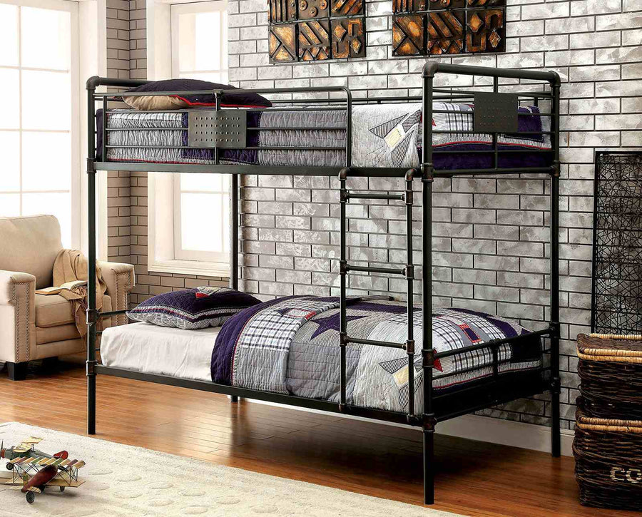 Olga Industrial Metal Twin over Twin Bunk Bed - Pipe-Inspired Frame & Antique Black with Copper Details