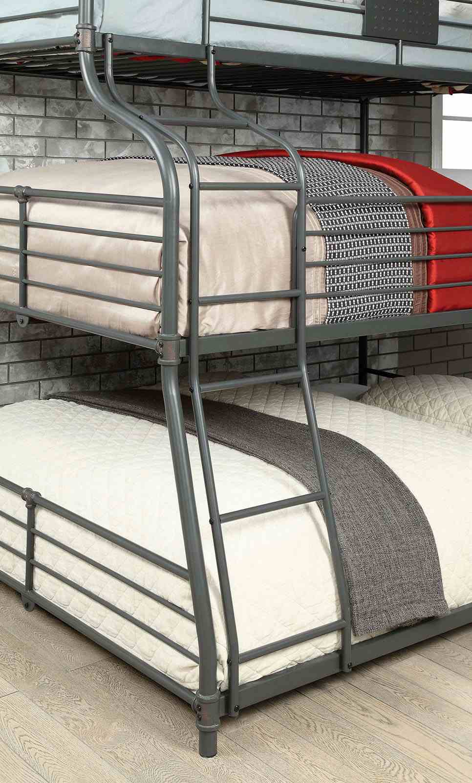Olga Industrial Triple Bunk Bed - Twin over Full over Queen, Pipe-Style Metal in Antique Black – Black, view 4