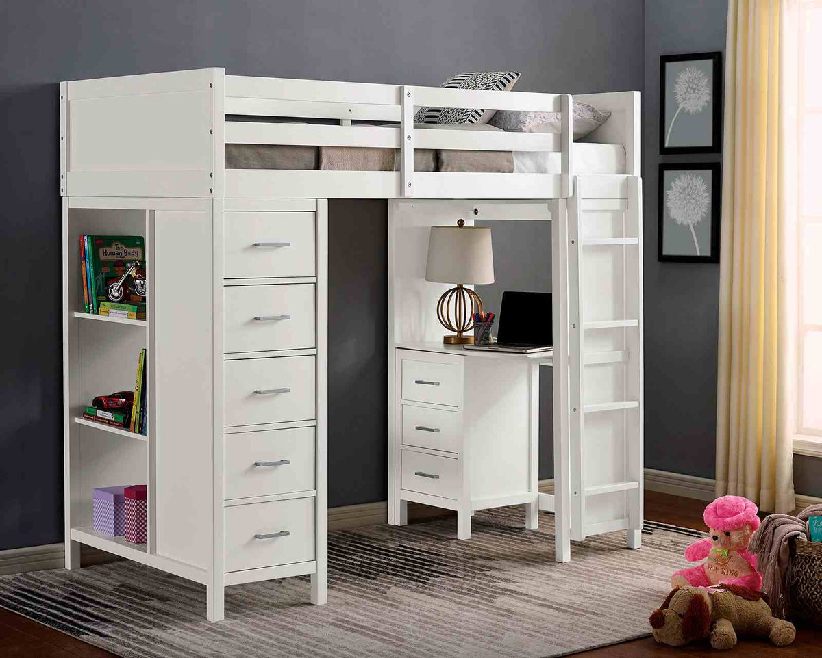 Cassidy Twin Loft Bed with Junior Desk, 8 Drawers & Shelves -