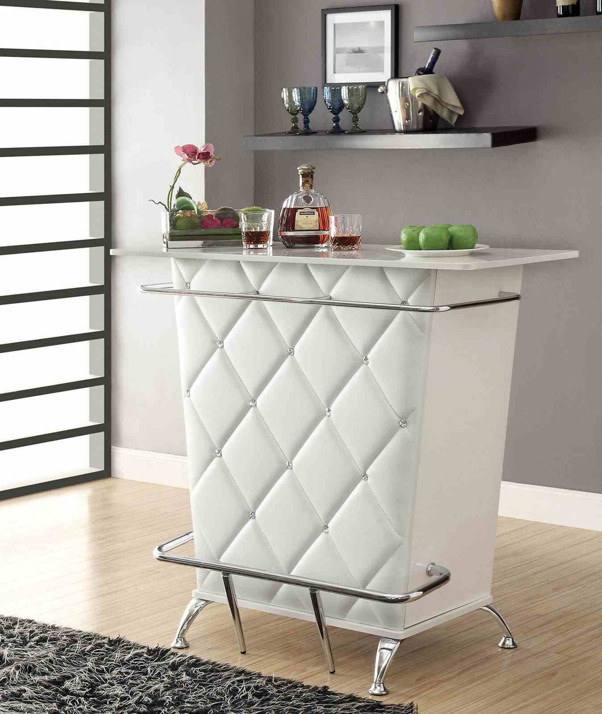 Fuero Contemporary Bar Table with Button-Tufted Front & Open Back Storage - White/Chrome
