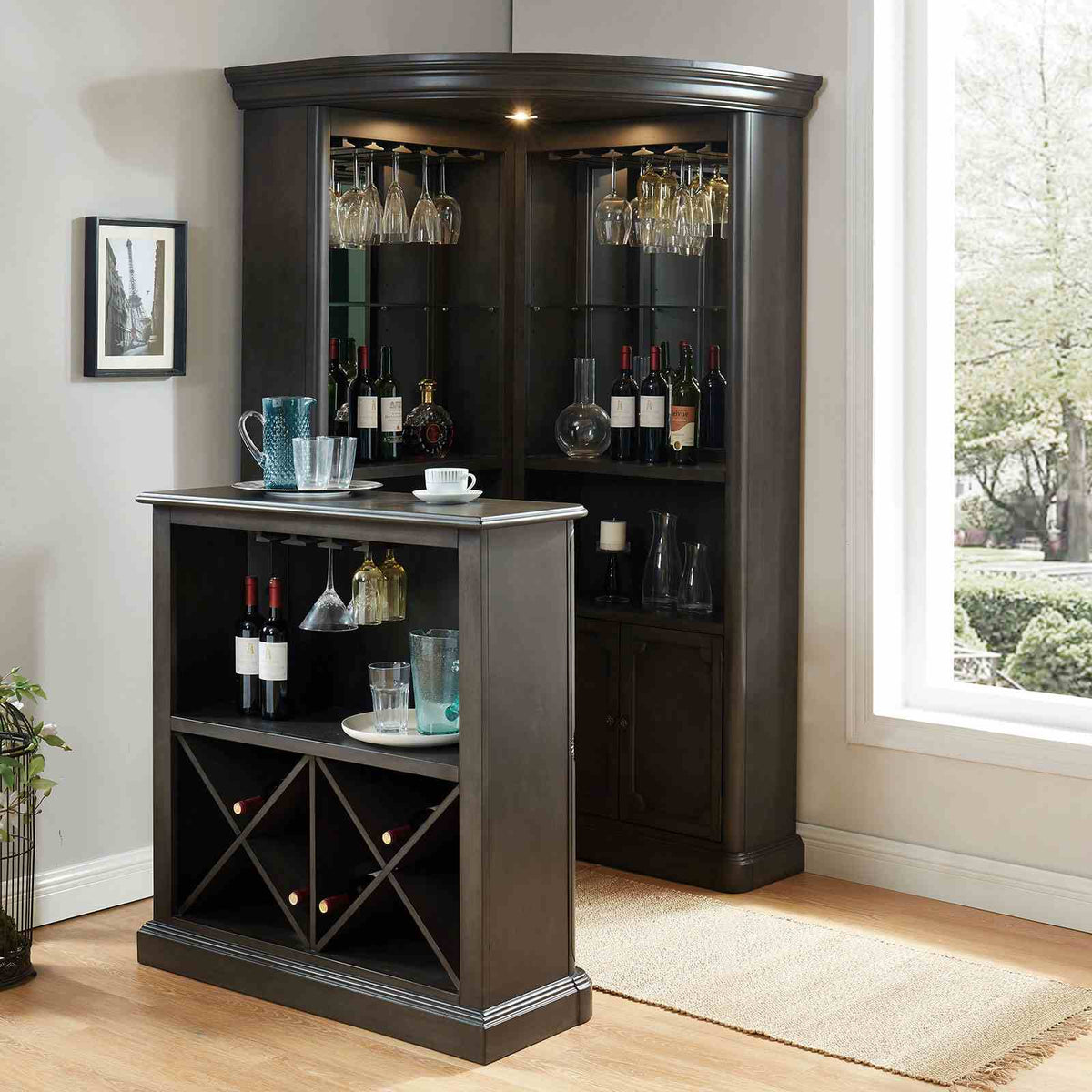 Voltaire Traditional Home Bar Collection - Lighted Corner Curio with Wine Storage & Standing Bar Table – Brown & Gray, view 9