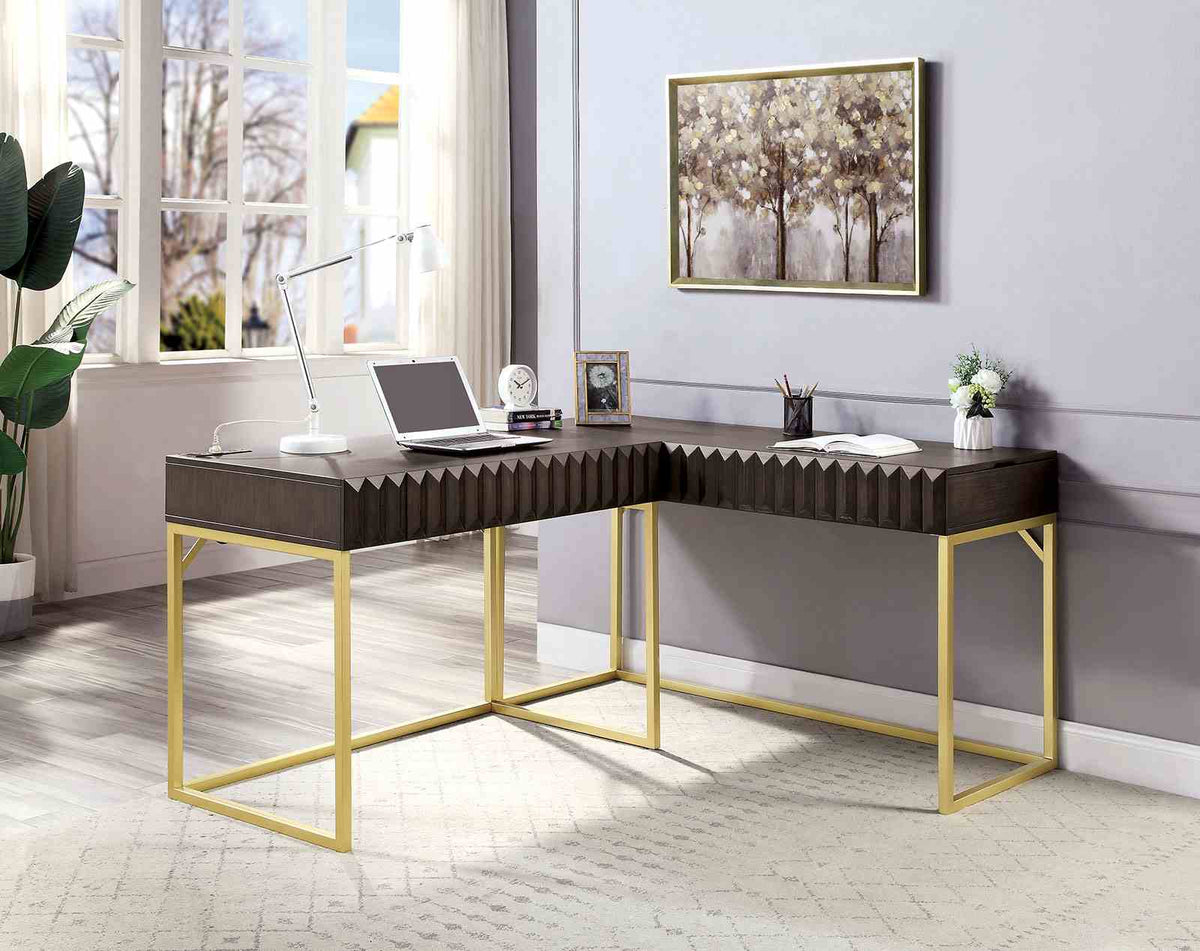 Freiburg Transitional Lift-Top Corner Desk with USB & Power - Gold Steel Frame in Antique White or Walnut – White & Brown, view 4