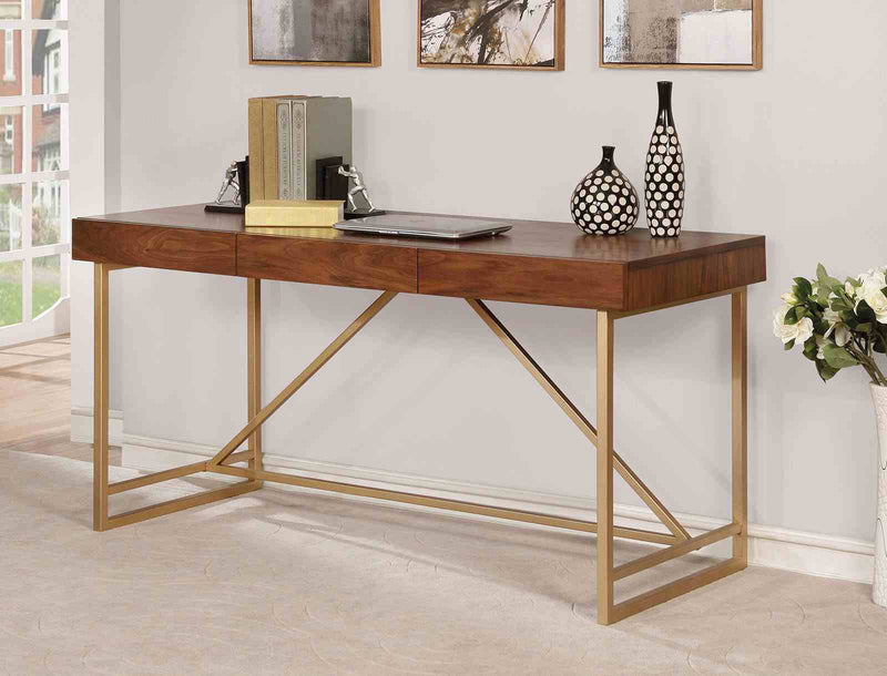 Halstein Contemporary 60" Writing Desk with Storage Drawers - Gold Metal Legs in Light Walnut