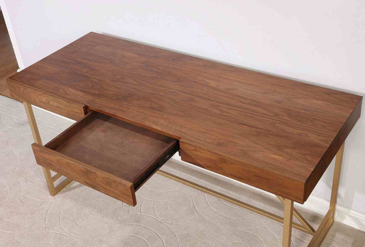 Halstein Contemporary 60" Writing Desk with Storage Drawers - Gold Metal Legs in Light Walnut – Brown & Gold, view 2
