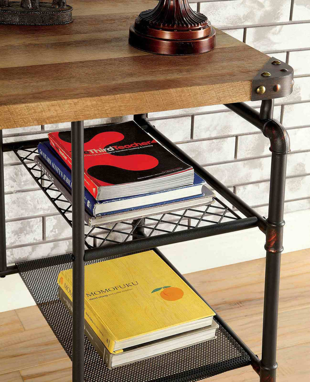 Olga Industrial Desk with Wire Shelving & Caster Wheel Accents - Antique Black Metal – Black & Brown, view 3