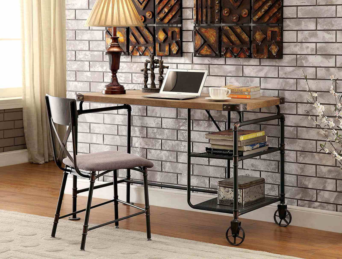 Olga Industrial Desk with Wire Shelving & Caster Wheel Accents - Antique Black Metal – Black & Brown, view 2
