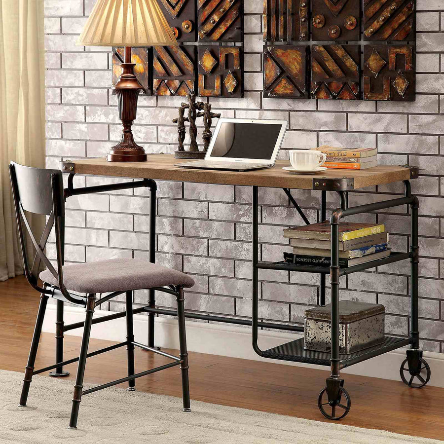 Olga Industrial Desk with Wire Shelving & Caster Wheel Accents - Antique Black Metal