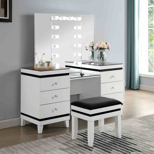 Madonna Contemporary Lighted Vanity with Tri-Fold Mirror & Stool - White & Black Two-Tone