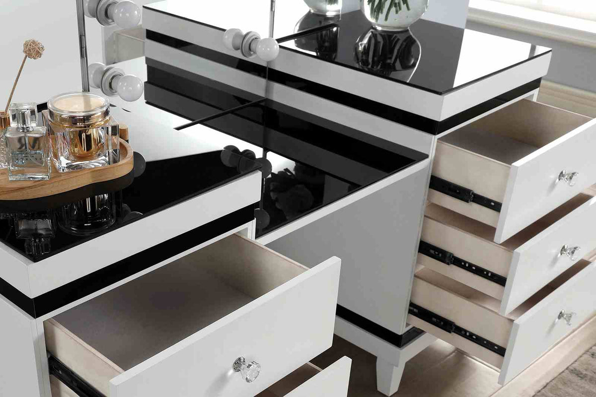 Madonna Contemporary Lighted Vanity with Tri-Fold Mirror & Stool - White & Black Two-Tone – White & Black, view 2