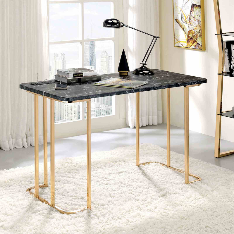Delphine Contemporary Writing Desk - Faux Marble Top with Gold Metal Frame & USB/Power Outlet