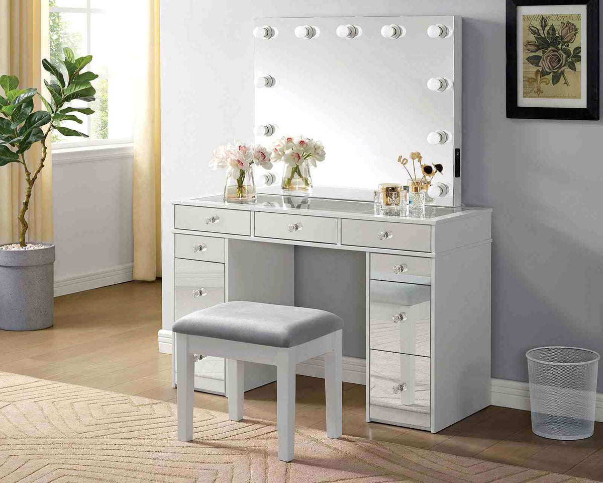 Margret Glam Vanity Set with Lighted Mirror & Stool - USB Outlet & Beveled Glass Top in White & Gray – White & Gray, view 2
