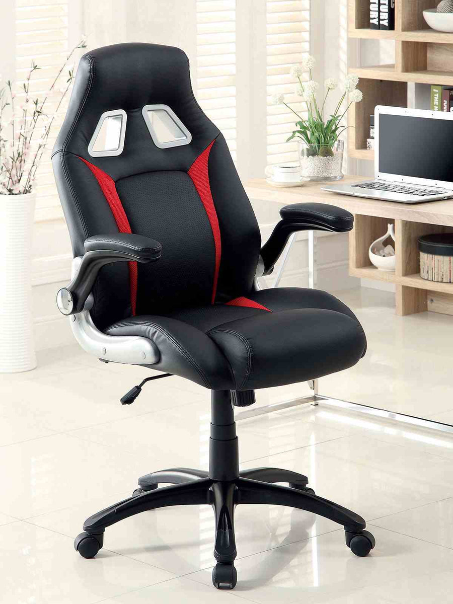 Argon Contemporary Adjustable Office Chair - Padded Leatherette in Black with Silver & Red Accents