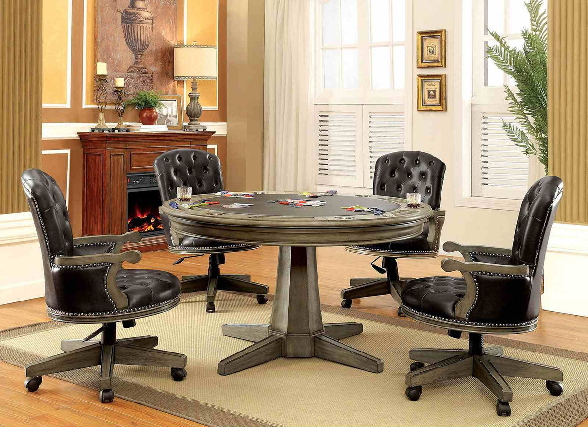 Yelena 54" Round Convertible Game Table, Set & Arm Chair - Cup Holders, Pedestal Base & Casters in Gray – Gray & Black, view 8