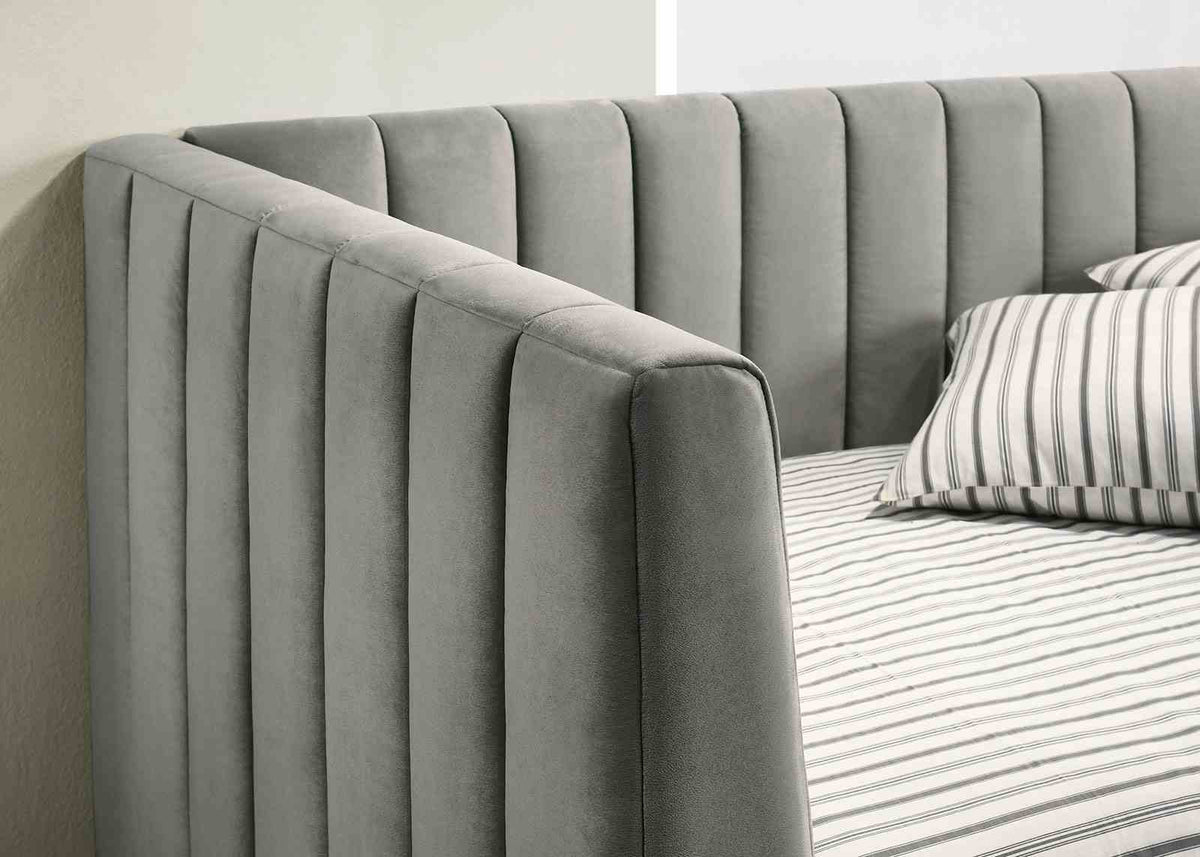 Neoma Contemporary Channel-Tufted Twin Daybed - Light Gray Flannelette with Gold Metal Legs – Gray & Gold, view 2