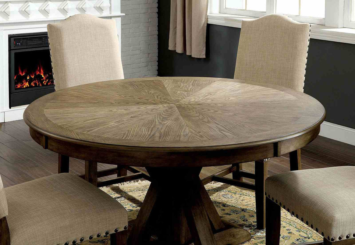 Julia Rustic Dining Collection with Nailhead Trim - Round Pedestal & Extendable Trestle Tables, Chairs & Wine Server in Light Oak – Natural & Beige, view 6
