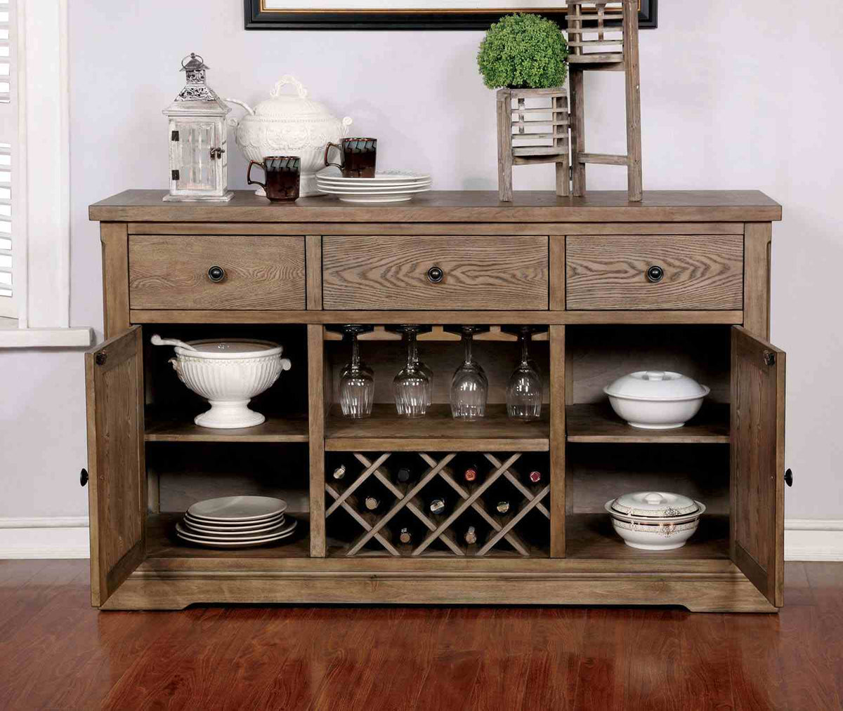 Julia Rustic Dining Collection with Nailhead Trim - Round Pedestal & Extendable Trestle Tables, Chairs & Wine Server in Light Oak – Natural & Beige, view 13