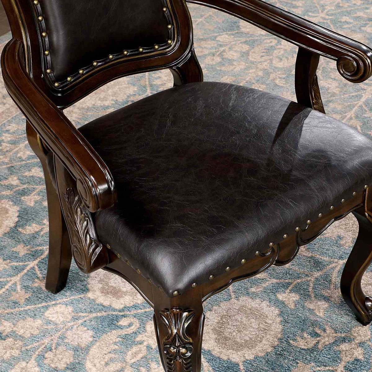 Lombardy Traditional 112" Extendable Trestle Dining Collection - Carved Details, Chairs & Hutch in Walnut – Brown, view 3